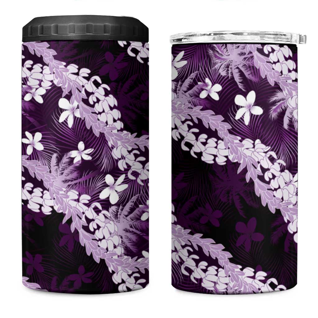 Puakenikeni Maile Lei 4 in 1 Can Cooler Tumbler Frangipani Purple Tropical Leaves