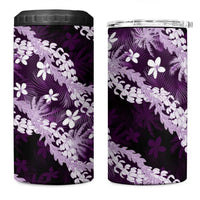 Puakenikeni Maile Lei 4 in 1 Can Cooler Tumbler Frangipani Purple Tropical Leaves