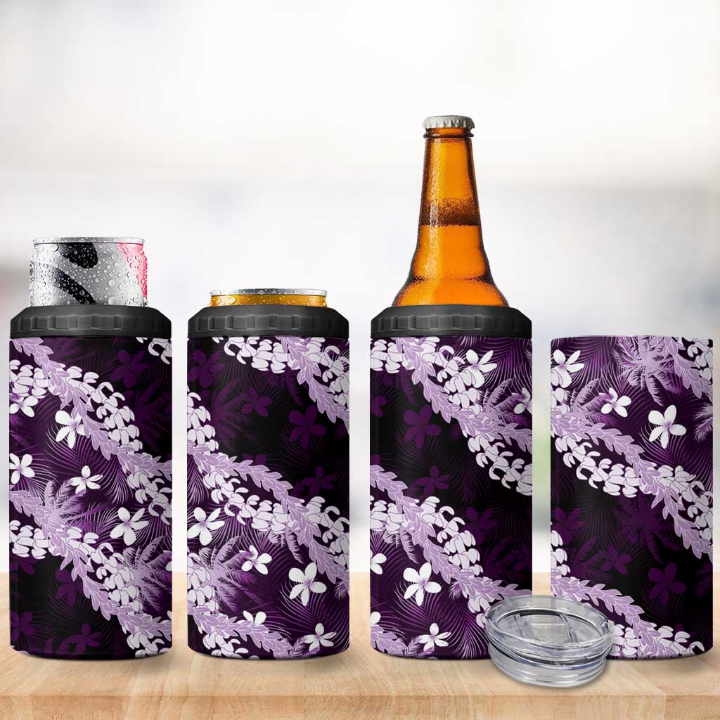 Puakenikeni Maile Lei 4 in 1 Can Cooler Tumbler Frangipani Purple Tropical Leaves