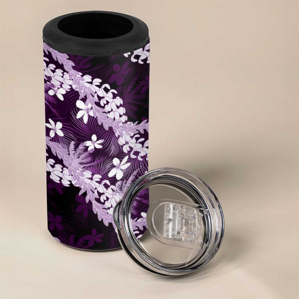 Puakenikeni Maile Lei 4 in 1 Can Cooler Tumbler Frangipani Purple Tropical Leaves