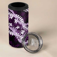 Puakenikeni Maile Lei 4 in 1 Can Cooler Tumbler Frangipani Purple Tropical Leaves