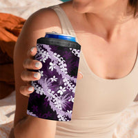 Puakenikeni Maile Lei 4 in 1 Can Cooler Tumbler Frangipani Purple Tropical Leaves