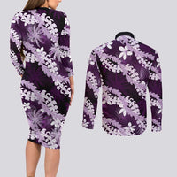 Puakenikeni Maile Lei Couples Matching Long Sleeve Bodycon Dress and Long Sleeve Button Shirt Frangipani Purple Tropical Leaves LT01 - Polynesian Pride