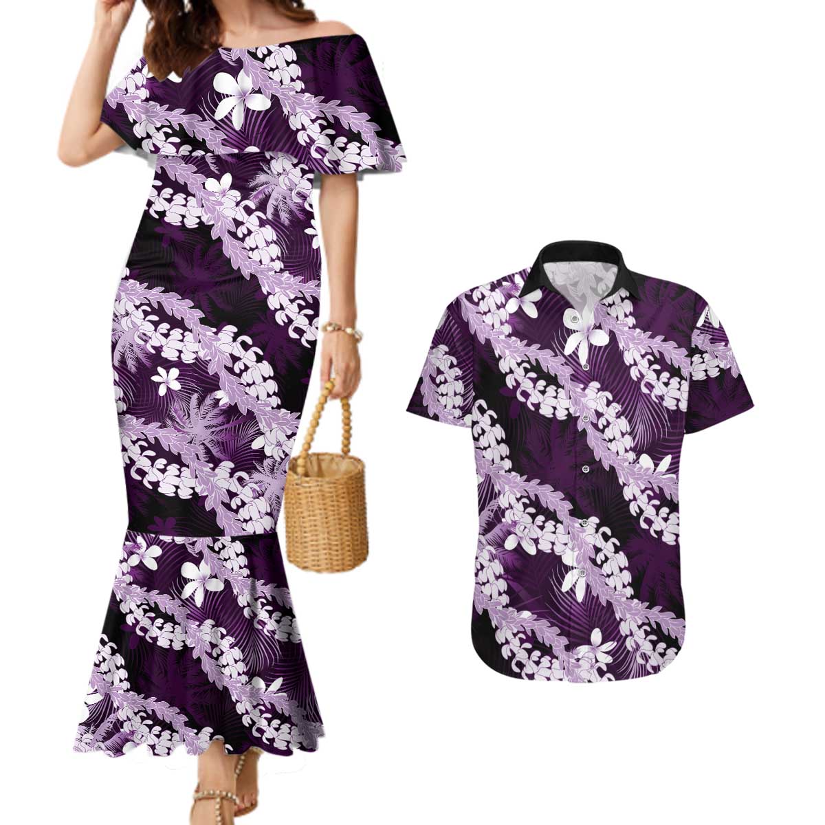 Puakenikeni Maile Lei Couples Matching Mermaid Dress and Hawaiian Shirt Frangipani Purple Tropical Leaves LT01 Purple - Polynesian Pride