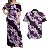 Puakenikeni Maile Lei Couples Matching Off Shoulder Maxi Dress and Hawaiian Shirt Frangipani Purple Tropical Leaves LT01 Purple - Polynesian Pride