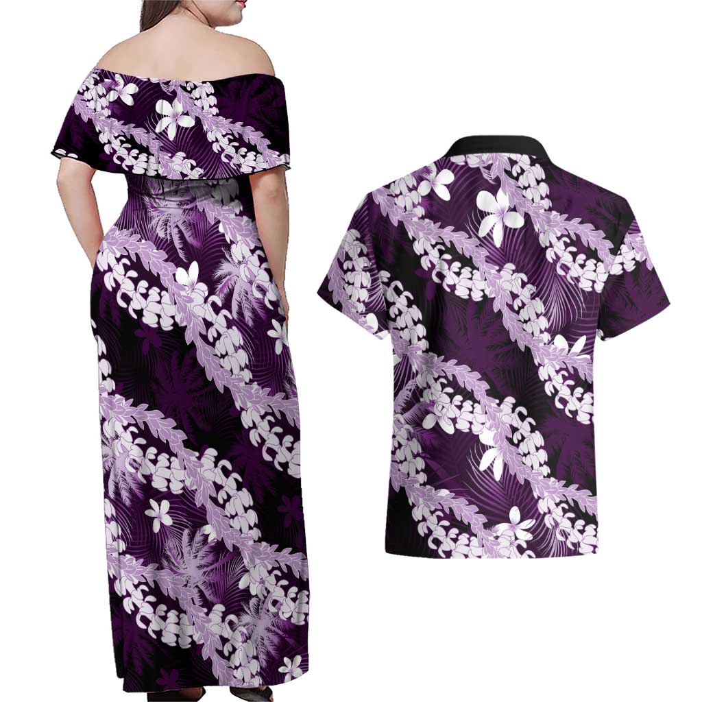 Puakenikeni Maile Lei Couples Matching Off Shoulder Maxi Dress and Hawaiian Shirt Frangipani Purple Tropical Leaves LT01 - Polynesian Pride