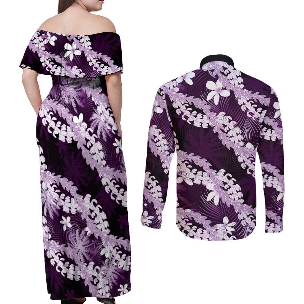 Puakenikeni Maile Lei Couples Matching Off Shoulder Maxi Dress and Long Sleeve Button Shirt Frangipani Purple Tropical Leaves LT01 - Polynesian Pride