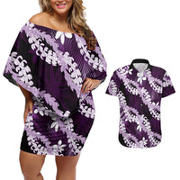 Puakenikeni Maile Lei Couples Matching Off Shoulder Short Dress and Hawaiian Shirt Frangipani Purple Tropical Leaves LT01 Purple - Polynesian Pride