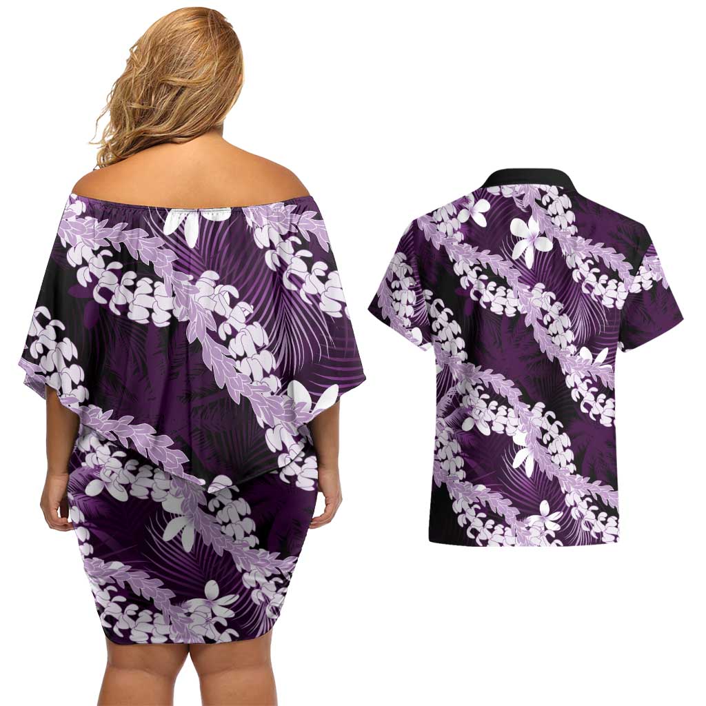 Puakenikeni Maile Lei Couples Matching Off Shoulder Short Dress and Hawaiian Shirt Frangipani Purple Tropical Leaves LT01 - Polynesian Pride