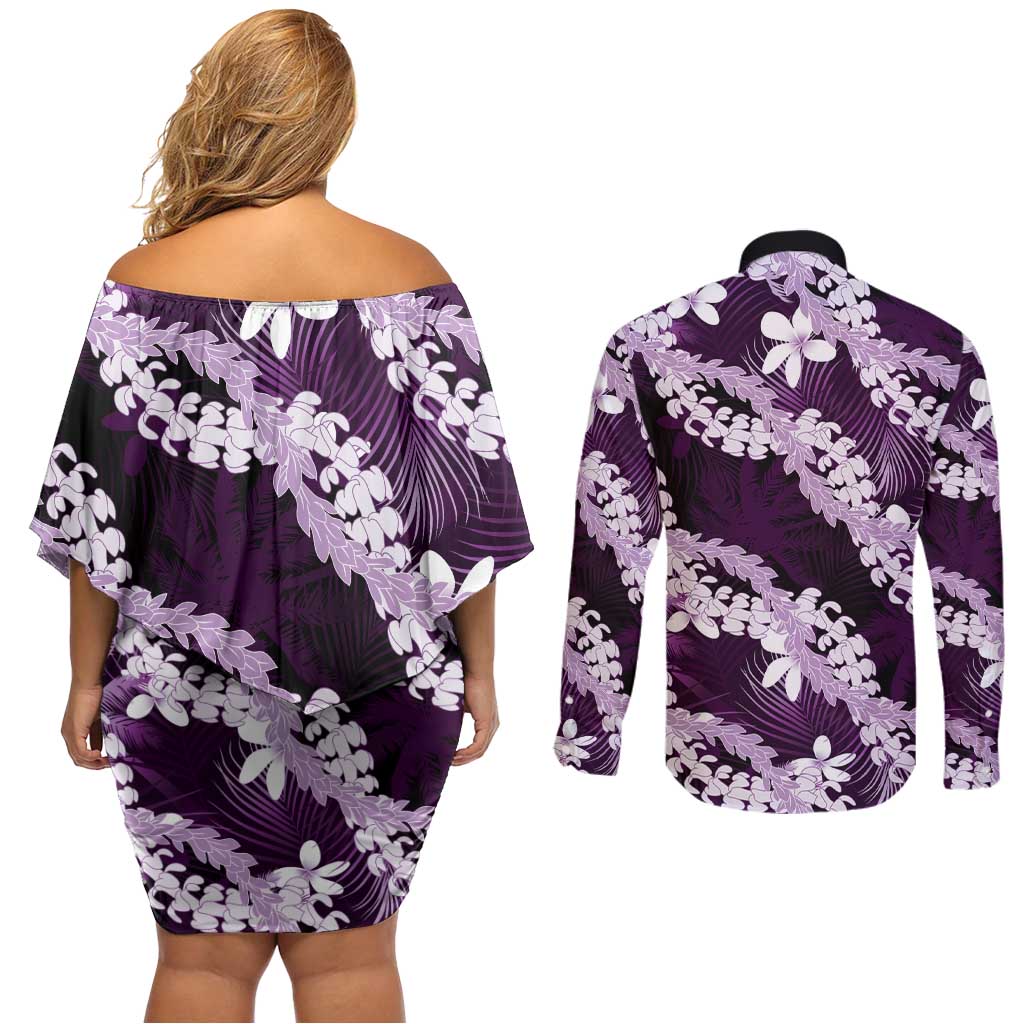 Puakenikeni Maile Lei Couples Matching Off Shoulder Short Dress and Long Sleeve Button Shirt Frangipani Purple Tropical Leaves LT01 - Polynesian Pride