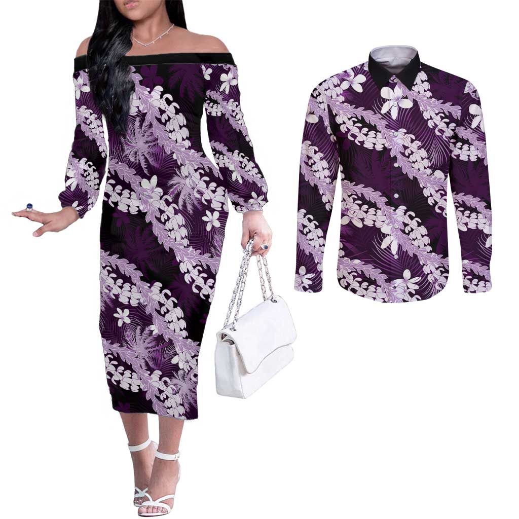 Puakenikeni Maile Lei Couples Matching Off The Shoulder Long Sleeve Dress and Long Sleeve Button Shirt Frangipani Purple Tropical Leaves