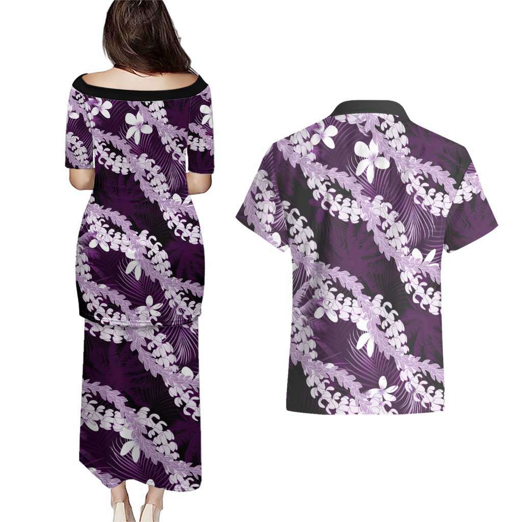 Puakenikeni Maile Lei Couples Matching Puletasi and Hawaiian Shirt Frangipani Purple Tropical Leaves LT01 - Polynesian Pride
