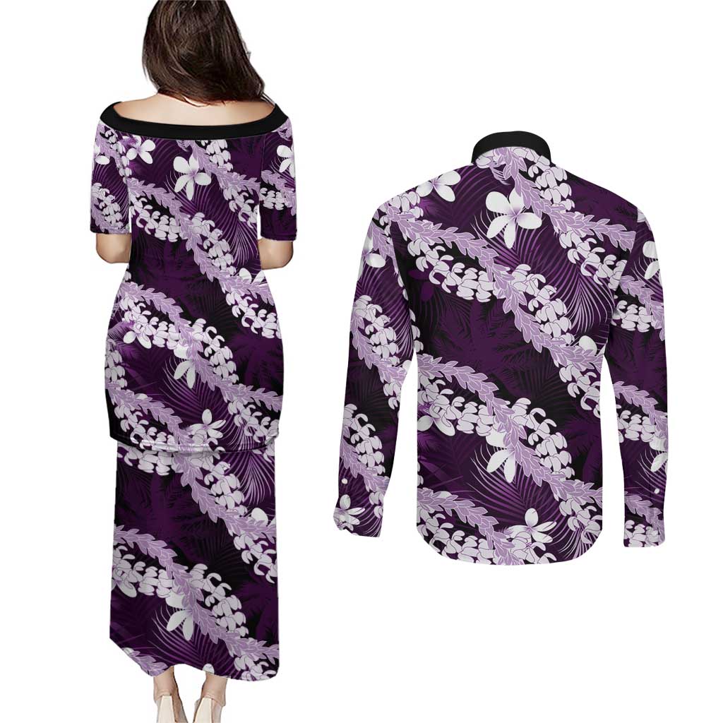 Puakenikeni Maile Lei Couples Matching Puletasi and Long Sleeve Button Shirt Frangipani Purple Tropical Leaves