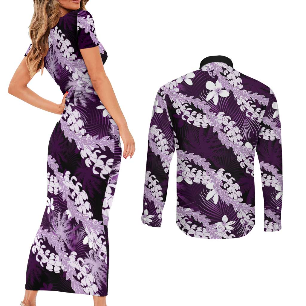 Puakenikeni Maile Lei Couples Matching Short Sleeve Bodycon Dress and Long Sleeve Button Shirt Frangipani Purple Tropical Leaves LT01 - Polynesian Pride
