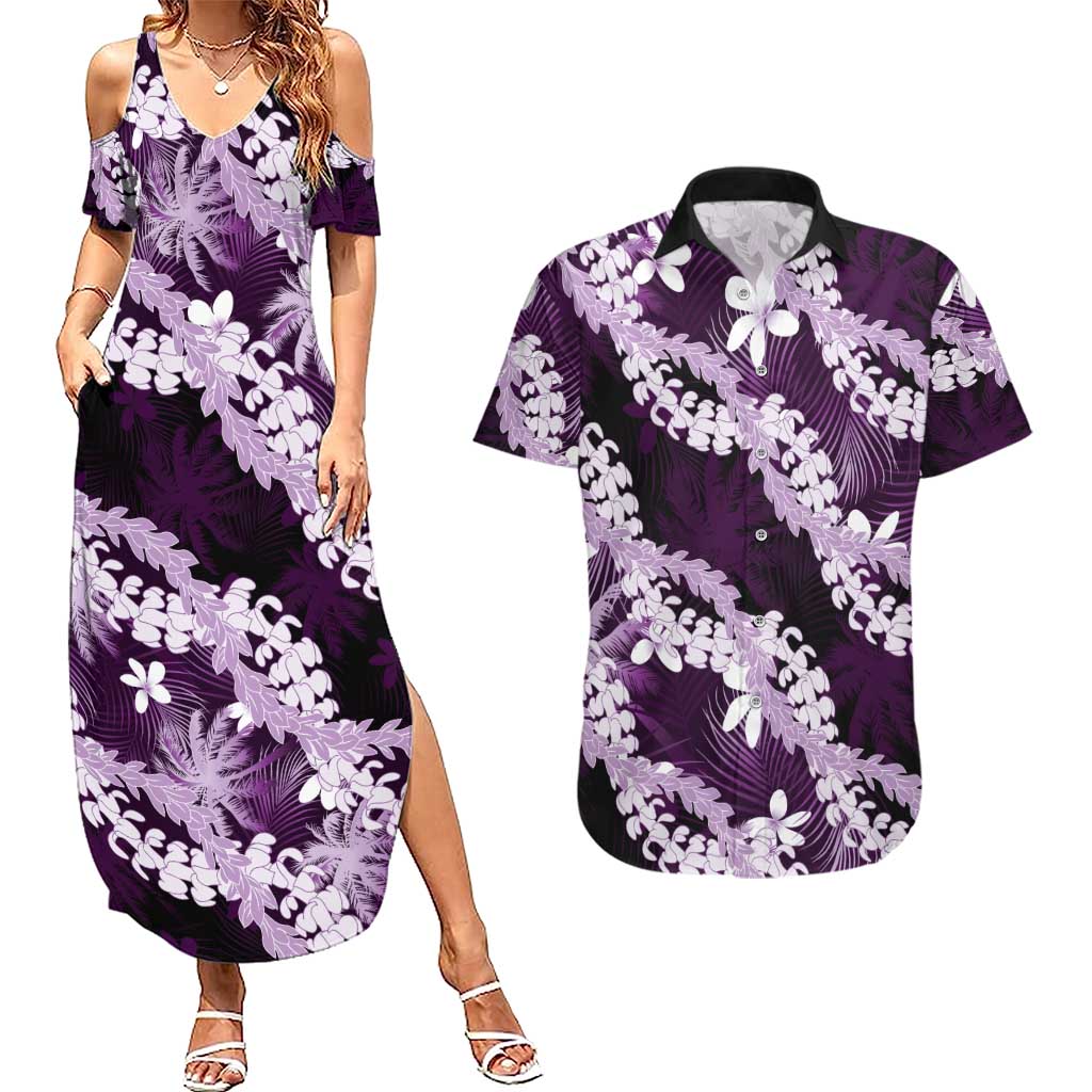 Puakenikeni Maile Lei Couples Matching Summer Maxi Dress and Hawaiian Shirt Frangipani Purple Tropical Leaves