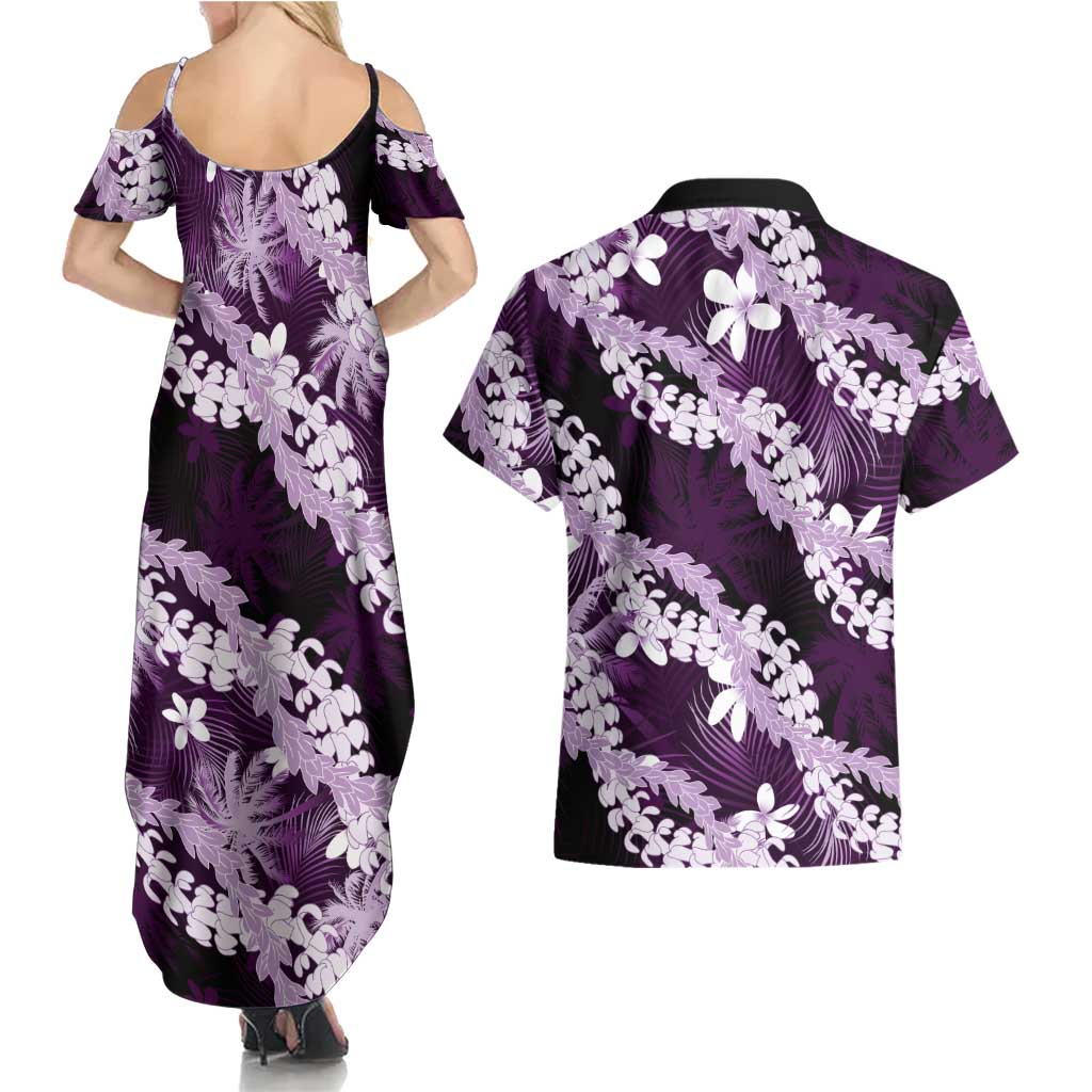 Puakenikeni Maile Lei Couples Matching Summer Maxi Dress and Hawaiian Shirt Frangipani Purple Tropical Leaves LT01 - Polynesian Pride