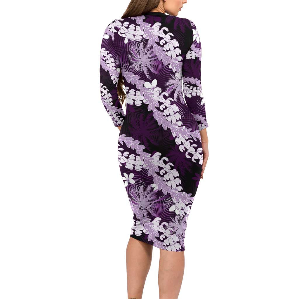 Puakenikeni Maile Lei Family Matching Long Sleeve Bodycon Dress and Hawaiian Shirt Frangipani Purple Tropical Leaves LT01 - Polynesian Pride