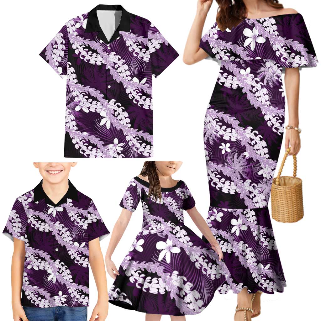 Puakenikeni Maile Lei Family Matching Mermaid Dress and Hawaiian Shirt Frangipani Purple Tropical Leaves LT01 - Polynesian Pride