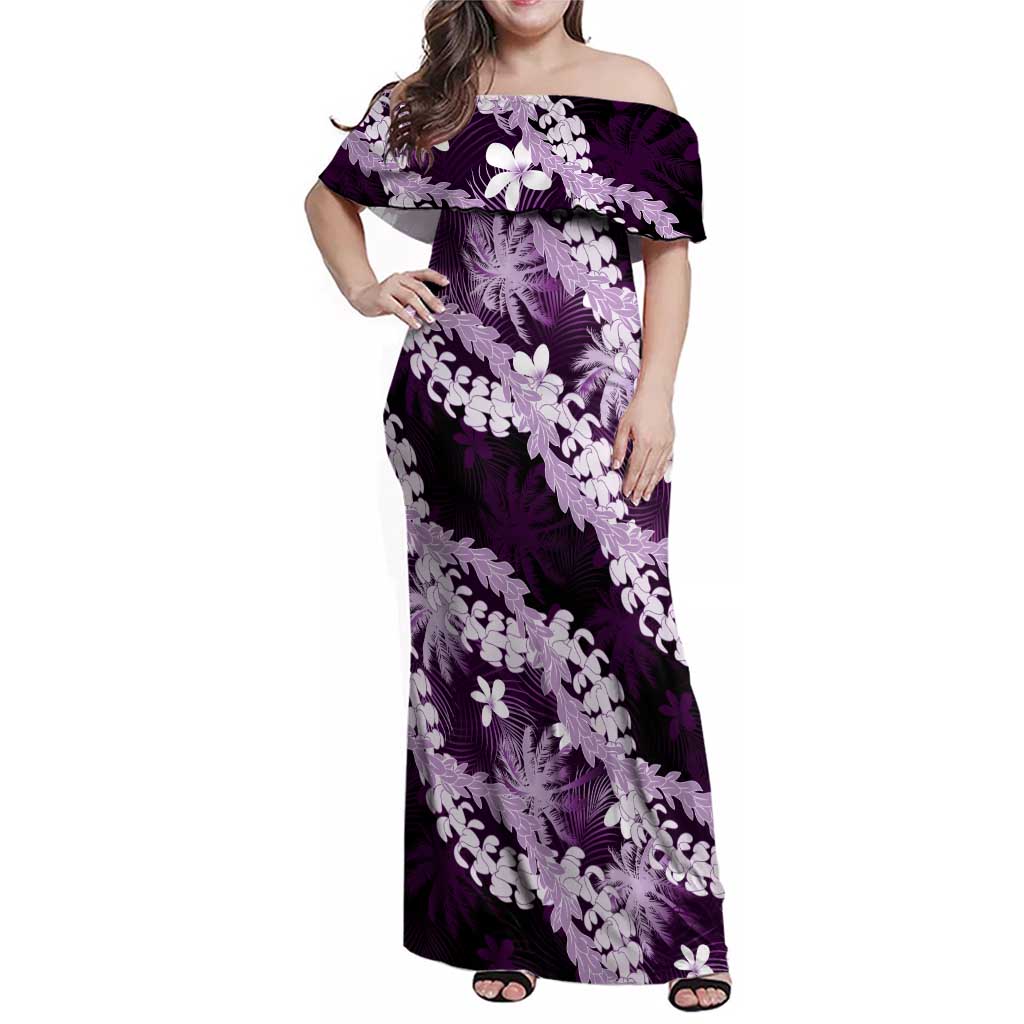 Puakenikeni Maile Lei Family Matching Off Shoulder Maxi Dress and Hawaiian Shirt Frangipani Purple Tropical Leaves LT01 Mom's Dress Purple - Polynesian Pride