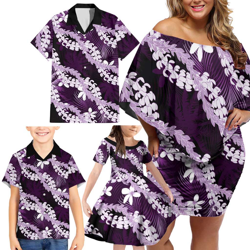 Puakenikeni Maile Lei Family Matching Off Shoulder Short Dress and Hawaiian Shirt Frangipani Purple Tropical Leaves