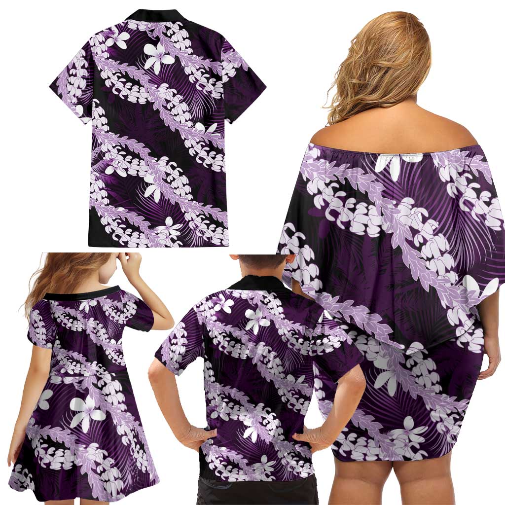 Puakenikeni Maile Lei Family Matching Off Shoulder Short Dress and Hawaiian Shirt Frangipani Purple Tropical Leaves LT01 - Polynesian Pride