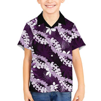 Puakenikeni Maile Lei Family Matching Puletasi and Hawaiian Shirt Frangipani Purple Tropical Leaves LT01 Son's Shirt Purple - Polynesian Pride