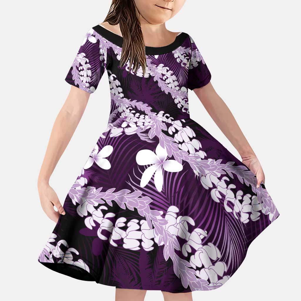 Puakenikeni Maile Lei Family Matching Short Sleeve Bodycon Dress and Hawaiian Shirt Frangipani Purple Tropical Leaves LT01 Daughter's Dress Purple - Polynesian Pride