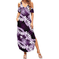 Puakenikeni Maile Lei Family Matching Summer Maxi Dress and Hawaiian Shirt Frangipani Purple Tropical Leaves LT01 Mom's Dress Purple - Polynesian Pride
