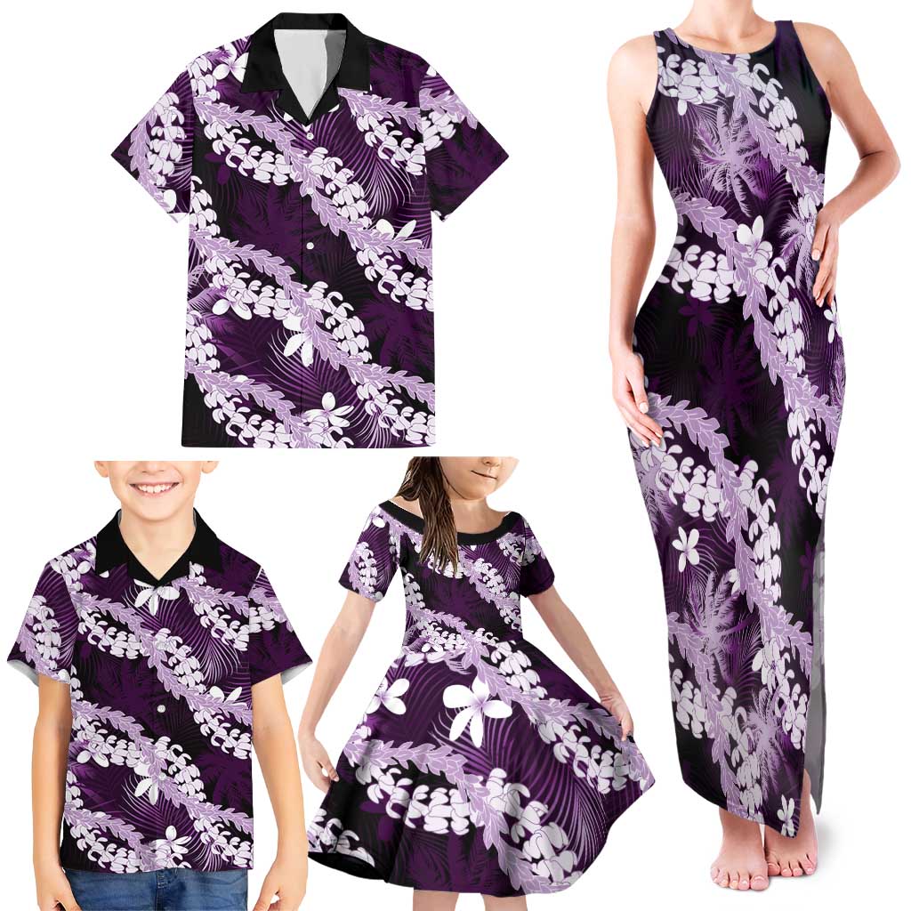 Puakenikeni Maile Lei Family Matching Tank Maxi Dress and Hawaiian Shirt Frangipani Purple Tropical Leaves