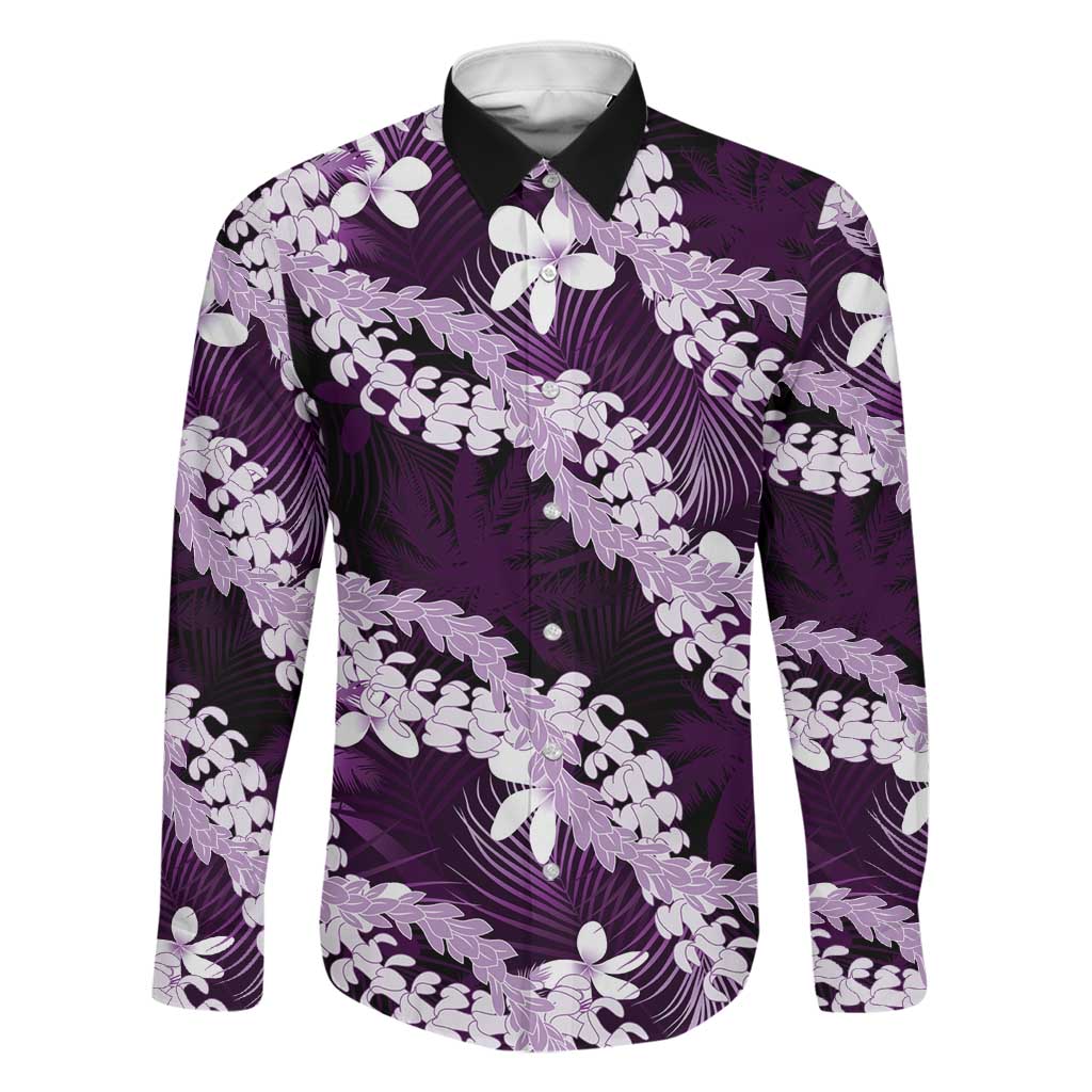 Puakenikeni Maile Lei Family Matching Tank Maxi Dress and Hawaiian Shirt Frangipani Purple Tropical Leaves LT01 Dad's Shirt - Long Sleeve Purple - Polynesian Pride