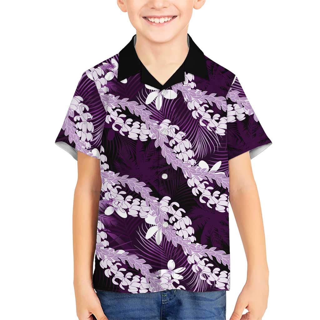 Puakenikeni Maile Lei Kid Hawaiian Shirt Frangipani Purple Tropical Leaves