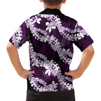 Puakenikeni Maile Lei Kid Hawaiian Shirt Frangipani Purple Tropical Leaves