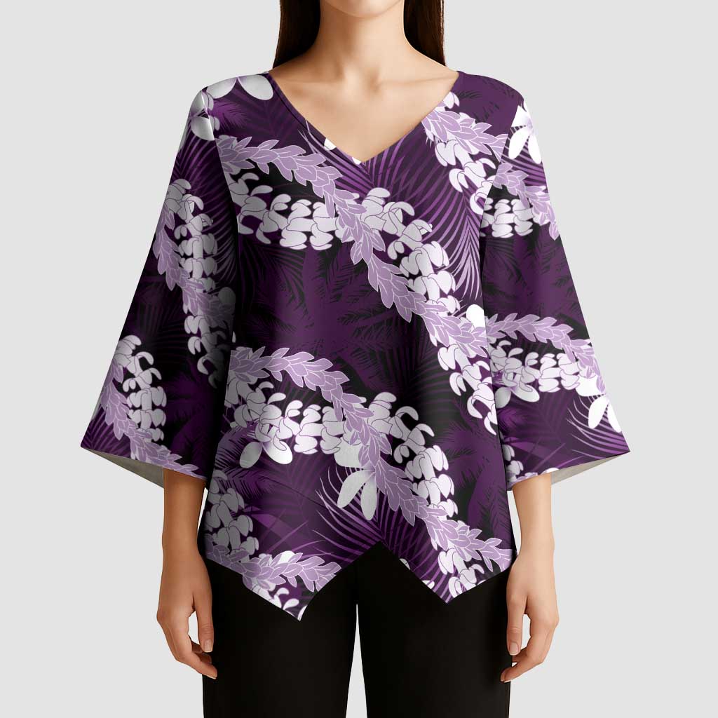 Puakenikeni Maile Lei Kimono Sleeve Blouse Frangipani Purple Tropical Leaves