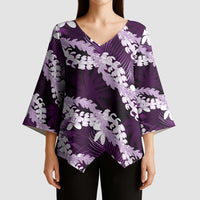 Puakenikeni Maile Lei Kimono Sleeve Blouse Frangipani Purple Tropical Leaves