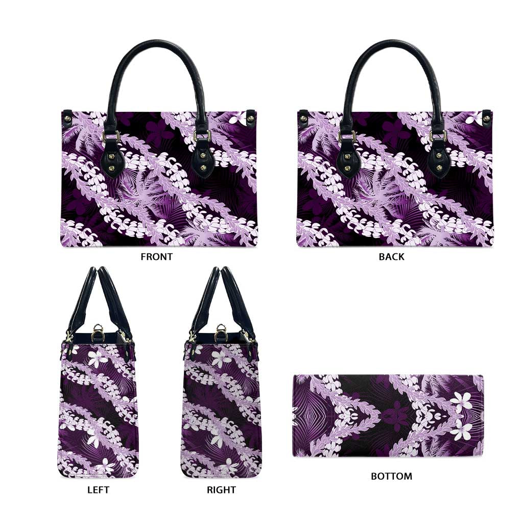 Puakenikeni Maile Lei Leather Bag Frangipani Purple Tropical Leaves