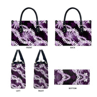 Puakenikeni Maile Lei Leather Bag Frangipani Purple Tropical Leaves
