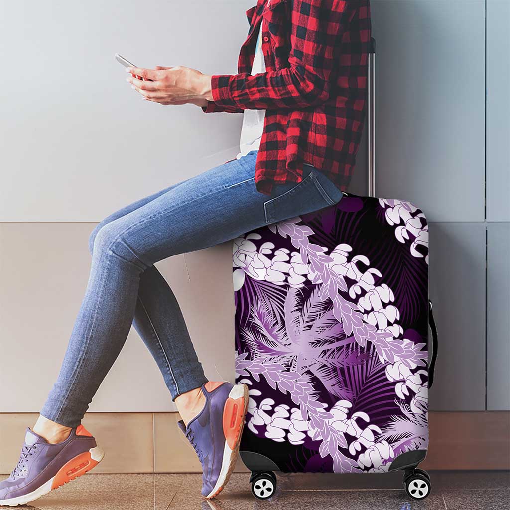 Puakenikeni Maile Lei Luggage Cover Frangipani Purple Tropical Leaves