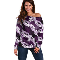 Puakenikeni Maile Lei Off Shoulder Sweater Frangipani Purple Tropical Leaves