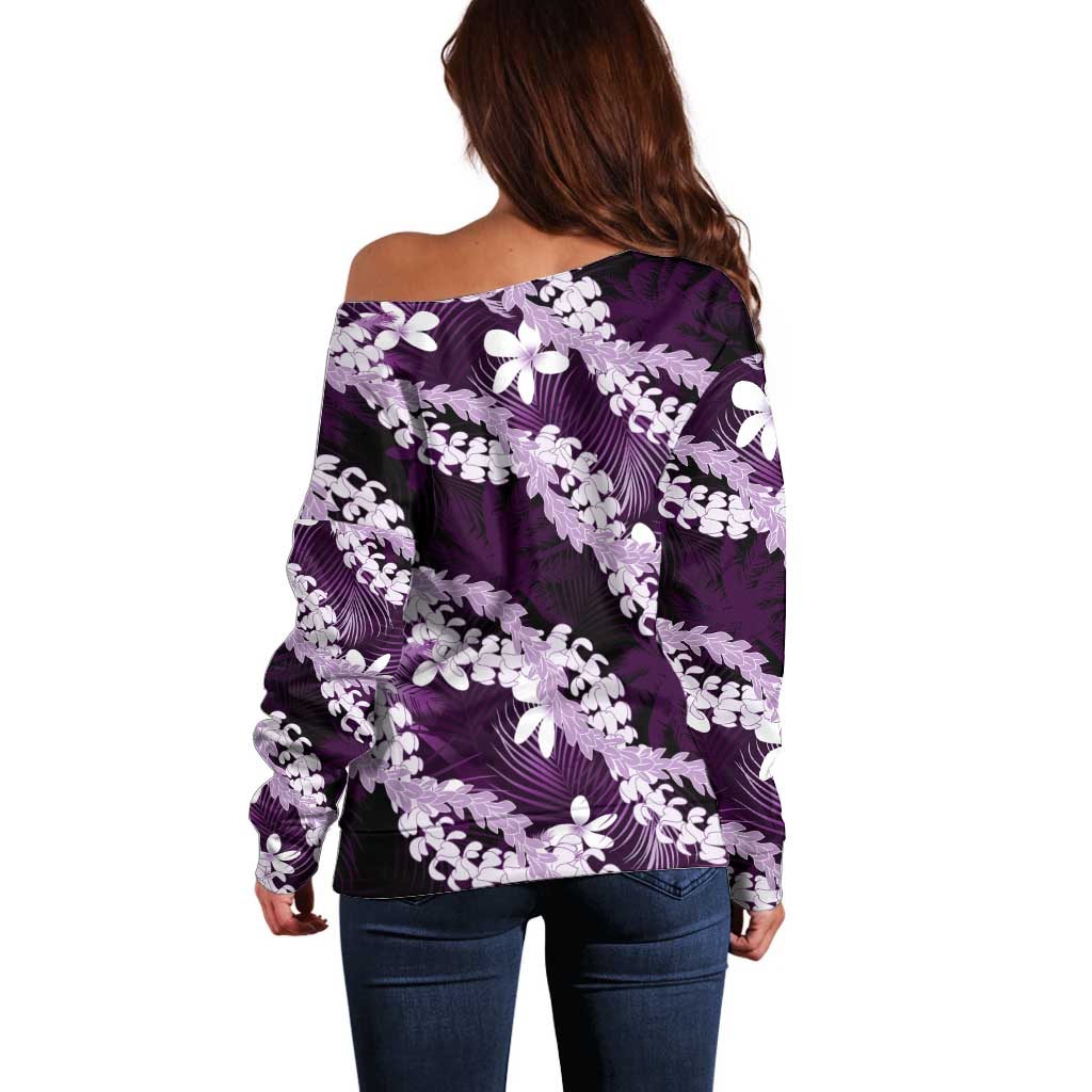Puakenikeni Maile Lei Off Shoulder Sweater Frangipani Purple Tropical Leaves