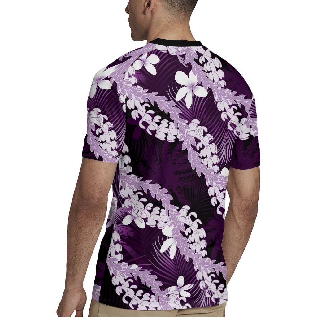 Puakenikeni Maile Lei Rugby Jersey Frangipani Purple Tropical Leaves