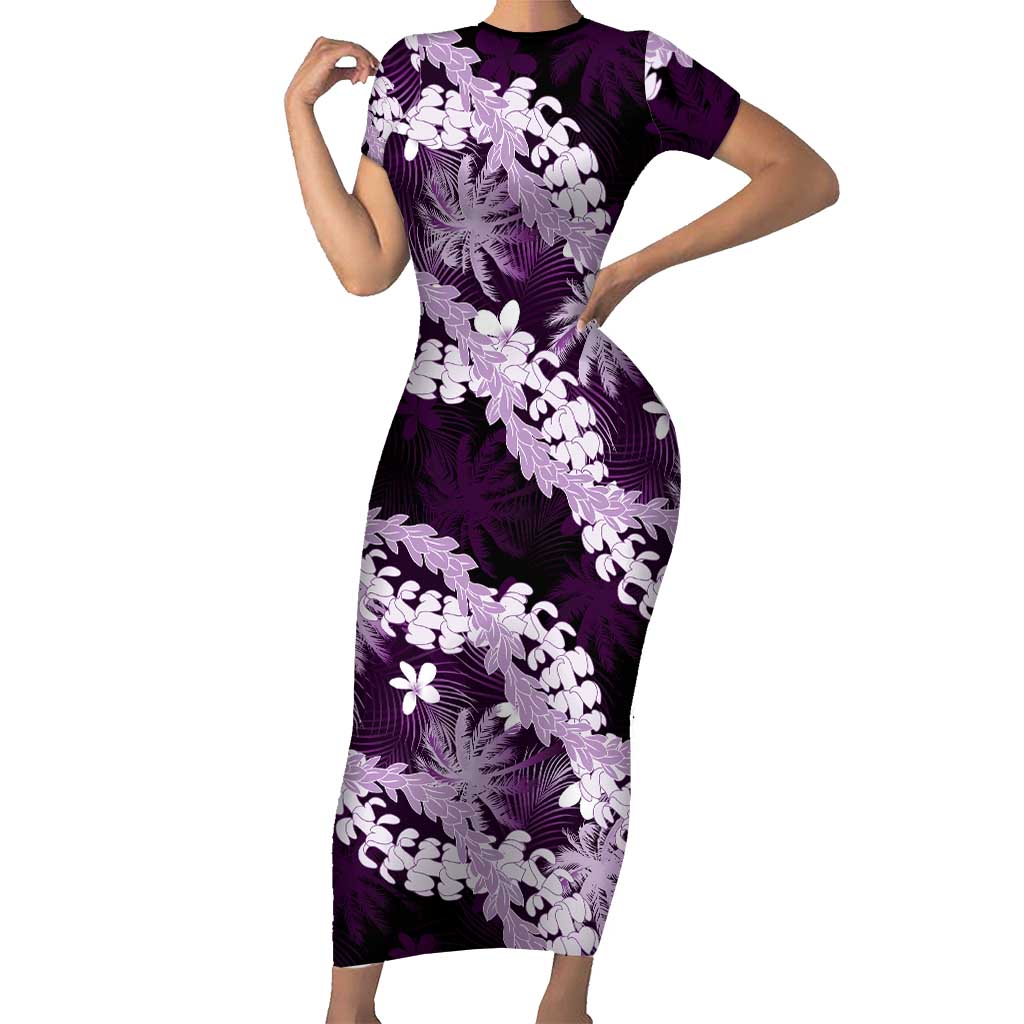 Puakenikeni Maile Lei Short Sleeve Bodycon Dress Frangipani Purple Tropical Leaves LT01 Long Dress Purple - Polynesian Pride