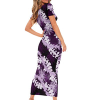 Puakenikeni Maile Lei Short Sleeve Bodycon Dress Frangipani Purple Tropical Leaves
