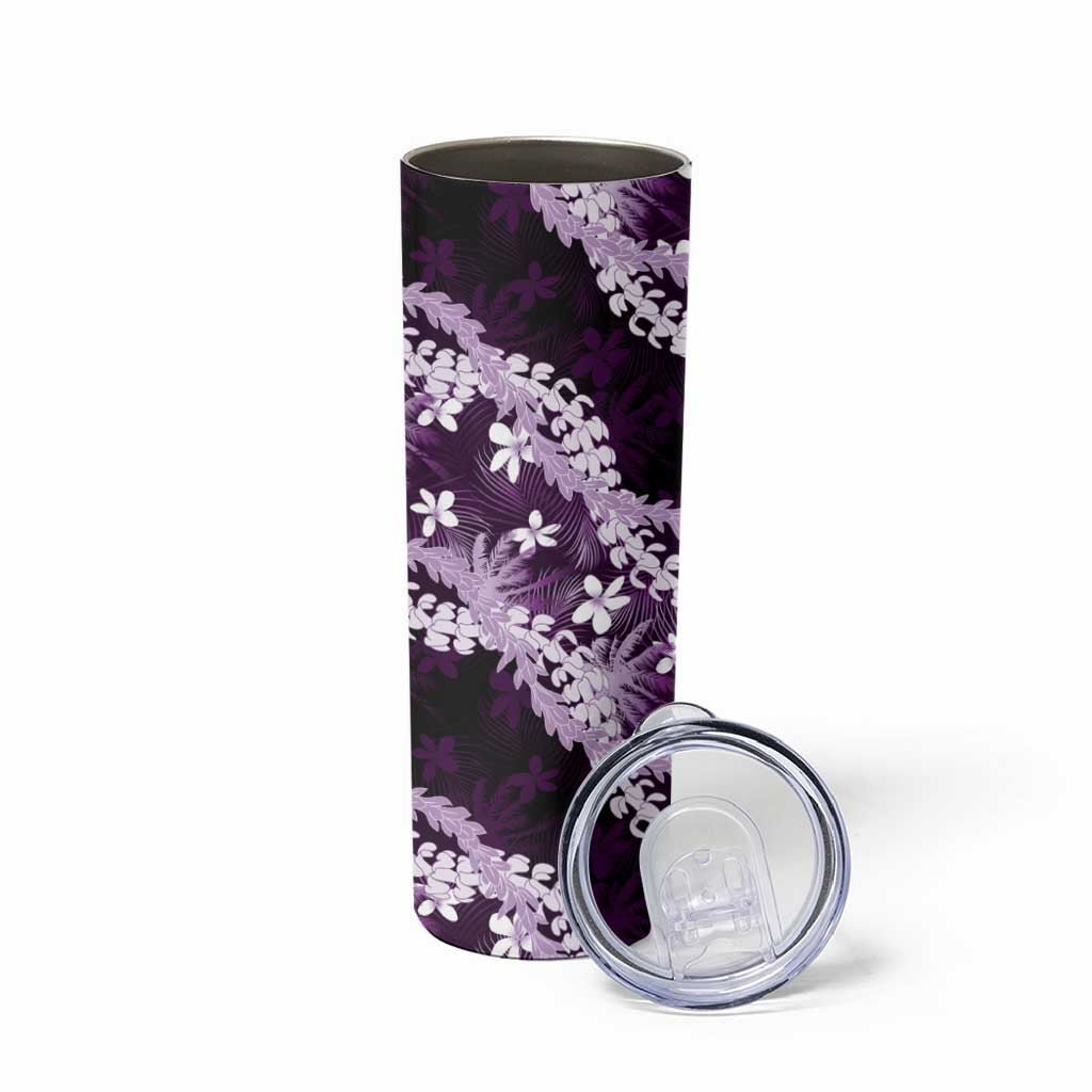 Puakenikeni Maile Lei Skinny Tumbler Frangipani Purple Tropical Leaves LT01 - Polynesian Pride