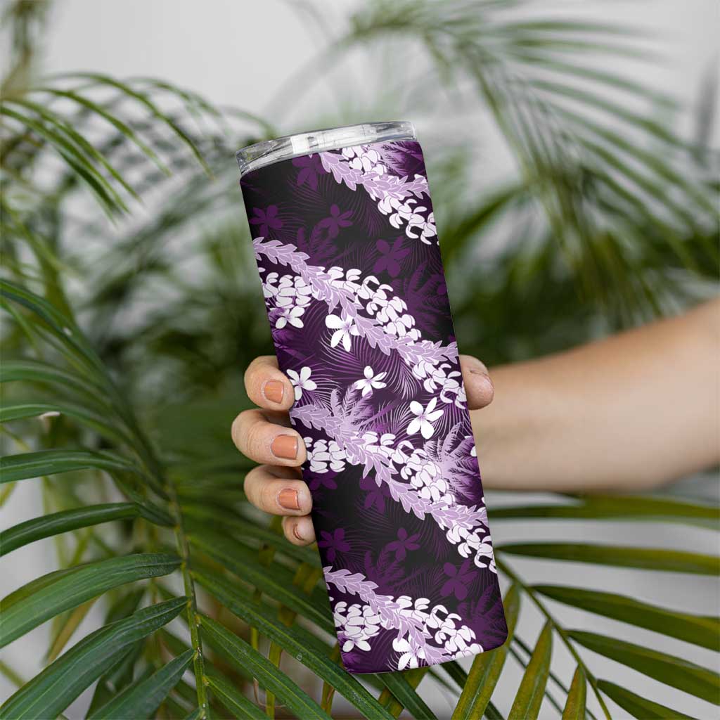 Puakenikeni Maile Lei Skinny Tumbler Frangipani Purple Tropical Leaves LT01 - Polynesian Pride