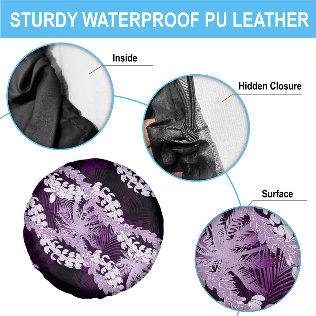 Puakenikeni Maile Lei Spare Tire Cover Frangipani Purple Tropical Leaves