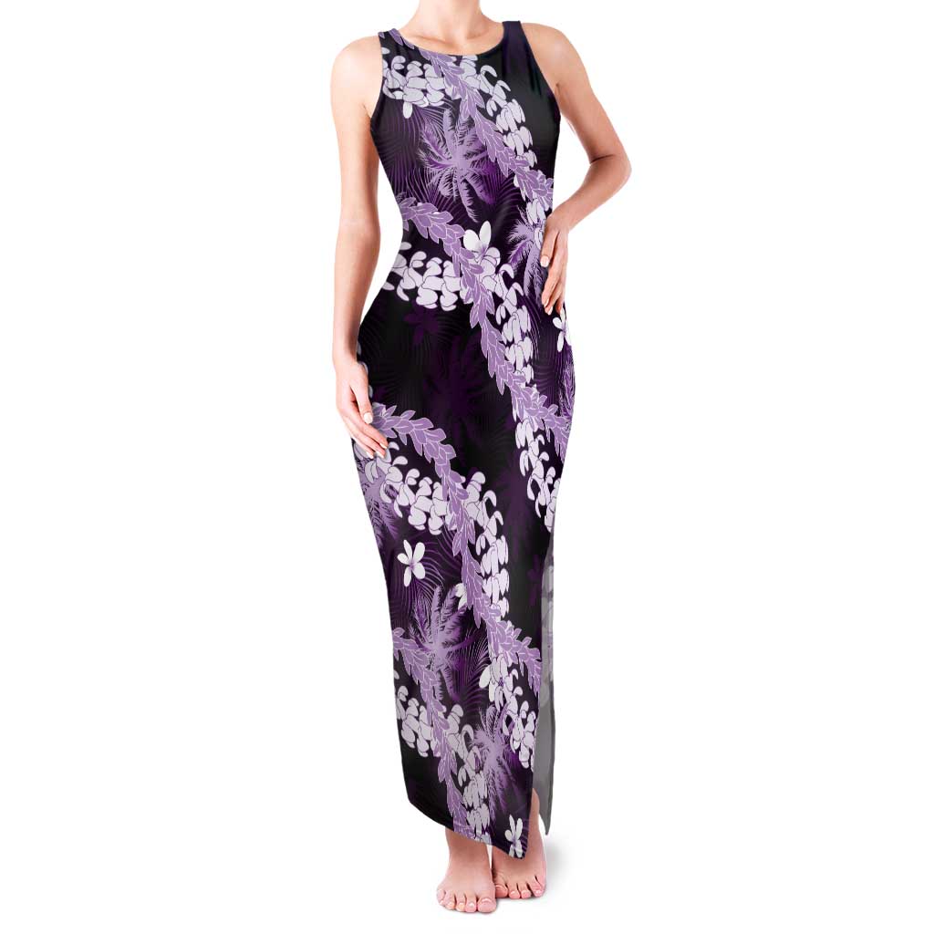 Puakenikeni Maile Lei Tank Maxi Dress Frangipani Purple Tropical Leaves