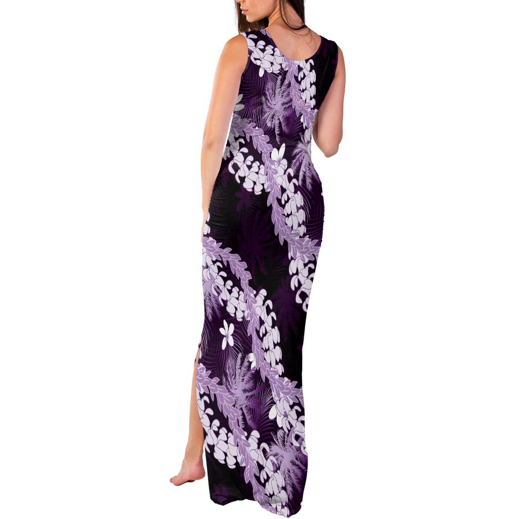 Puakenikeni Maile Lei Tank Maxi Dress Frangipani Purple Tropical Leaves