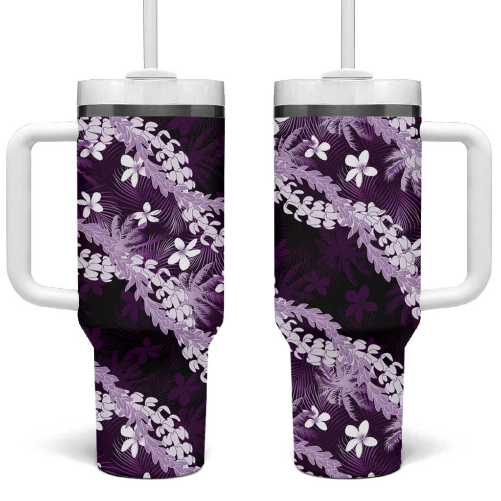 Puakenikeni Maile Lei Tumbler With Handle Frangipani Purple Tropical Leaves