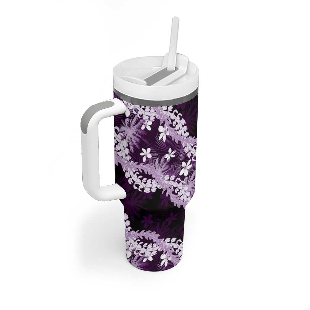 Puakenikeni Maile Lei Tumbler With Handle Frangipani Purple Tropical Leaves