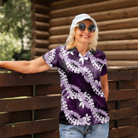 Puakenikeni Maile Lei Women Polo Shirt Frangipani Purple Tropical Leaves